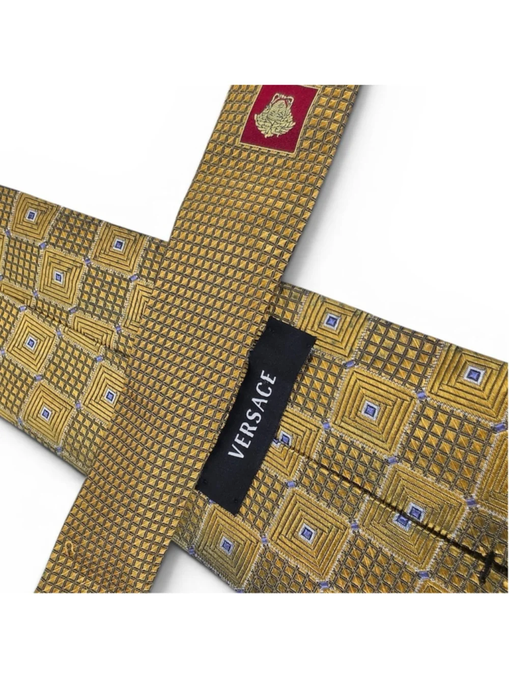 Versace Geometric Silk Necktie Gold Blue Squares Luxury Made In Italy